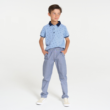 قميص بولو أزرق بأكمام قصيرة من جيرسيه مضلع للأولاد